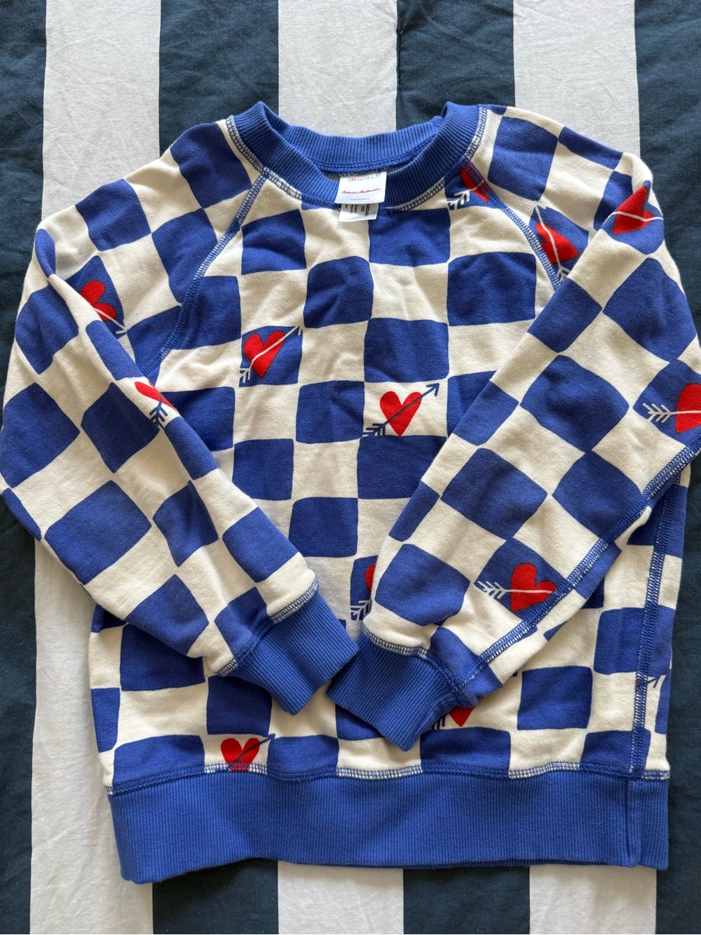 Hanna Andersson Blue & Cream Checkered Sweatshirt with Red Heart Arrows